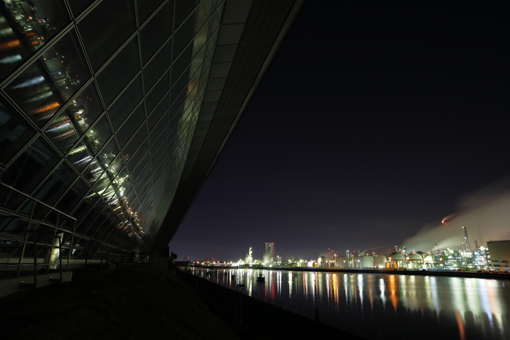 Factory night view on the glass 