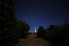 星空の爪木崎灯台に向かう
