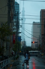雨の街を