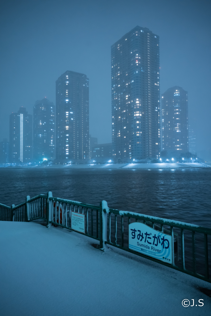 隅田川タワマン雪の夜