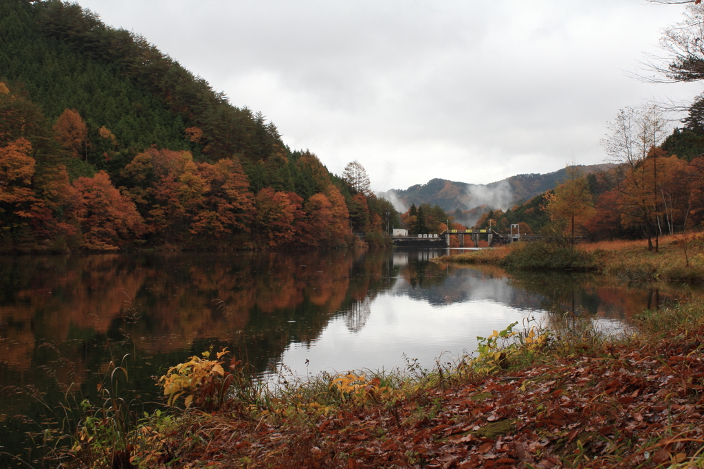 雨のダム湖