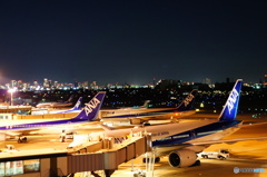 夜の駐機場に並ぶ飛行機たち