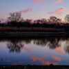 湖畔の朝焼け