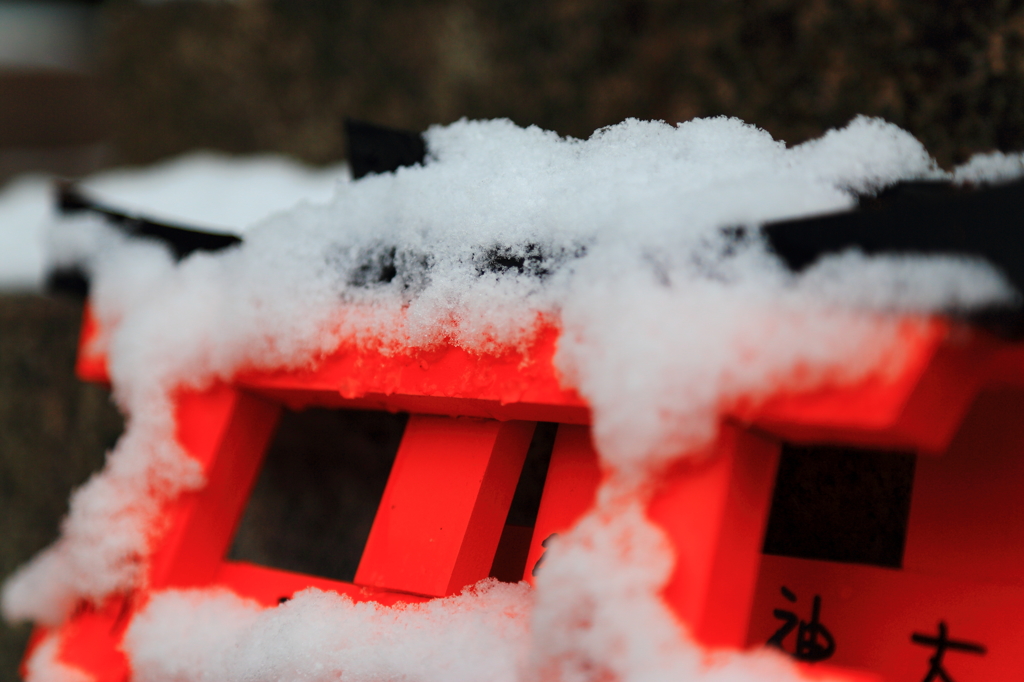 『小さな鳥居にかかる雪』