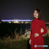 日産スタジアムを背景に