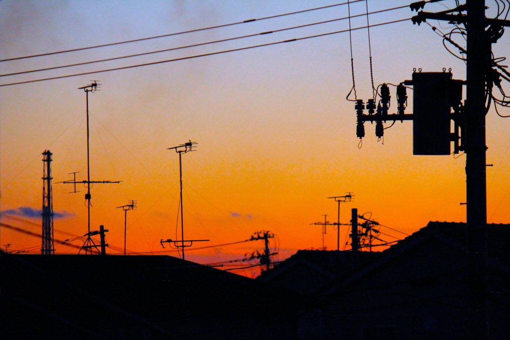 アンテナと電柱と夕焼けと