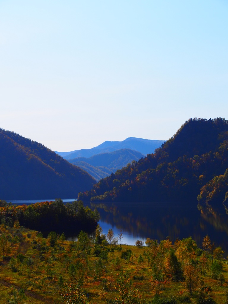 秋の湖と小さな紅葉