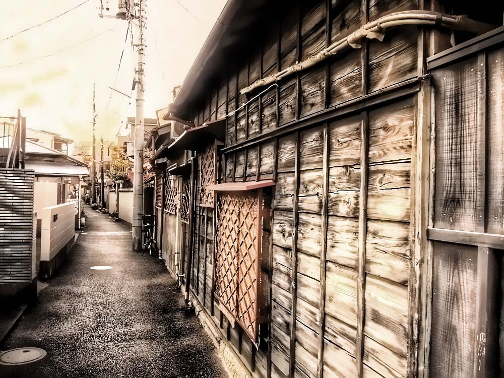 谷中の板壁の家