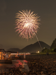 鵜飼花火（増水した長良川河畔）