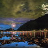 長良川の鵜飼花火（雨上がりの月夜と金華山）2014初夏