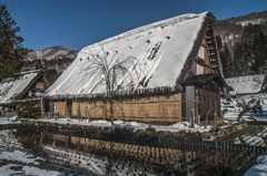 大屋根の雪に蒼い空と雪解けの刈田