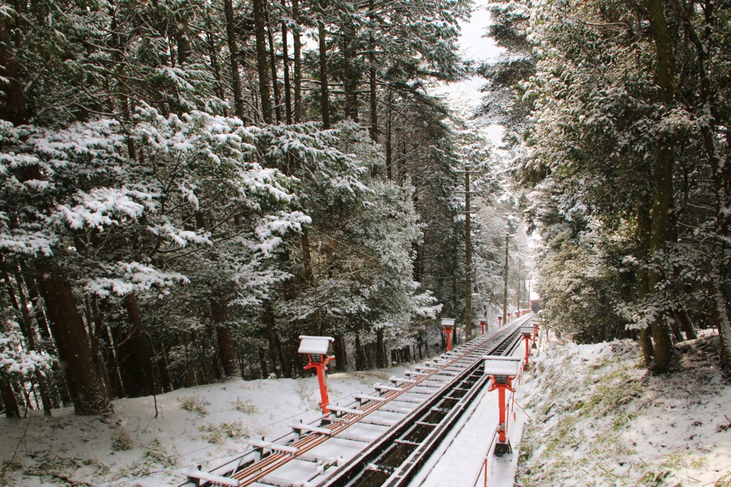 雪の中ケーブルカーは昇る