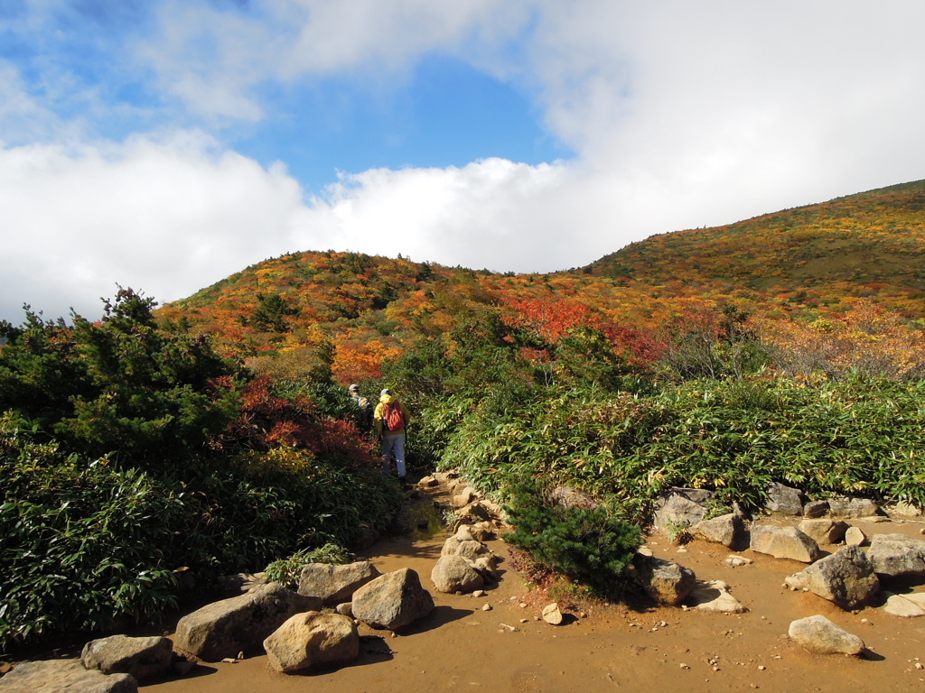 紅葉の中を山頂へ