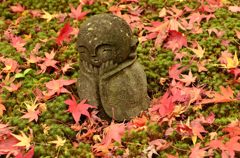 小さなお地蔵さんと苔とモミジ
