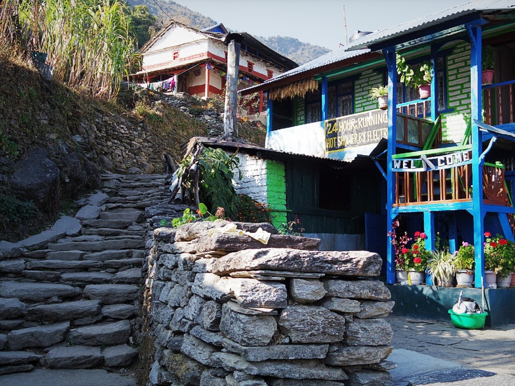 Stone steps and lodge