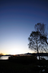 琵琶湖とススキとシルエット