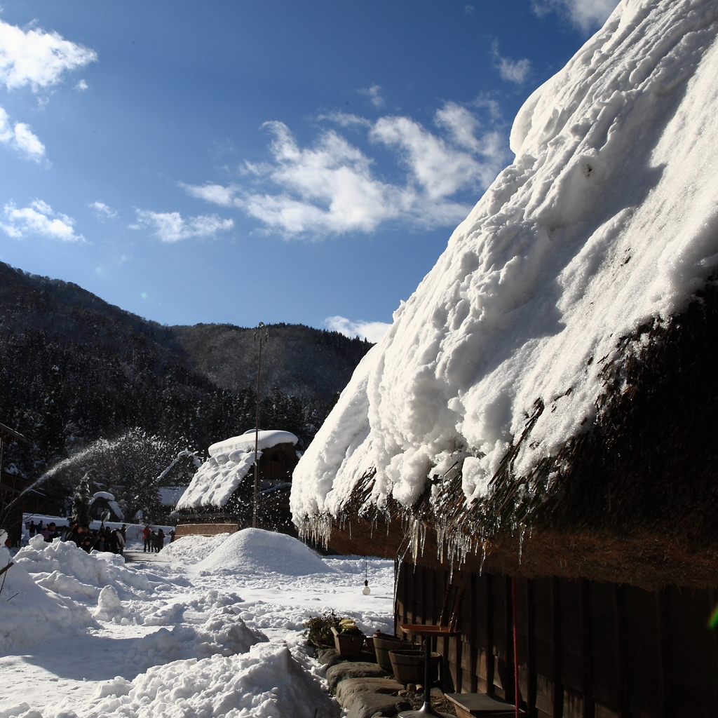 朝日に映える屋根雪