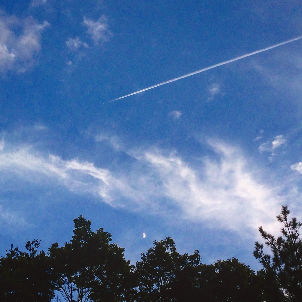 飛行機雲と月