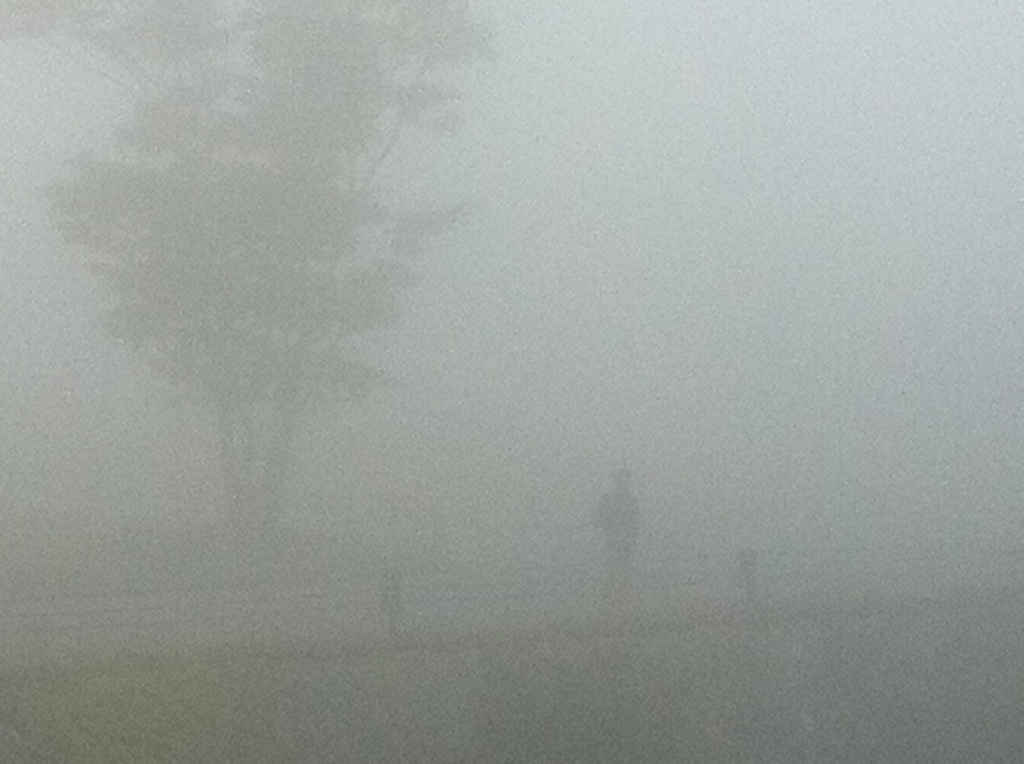 霧の中を歩く男。