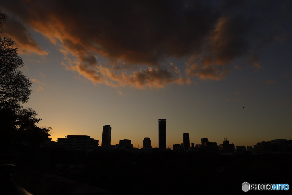 ビルと曇と夕日