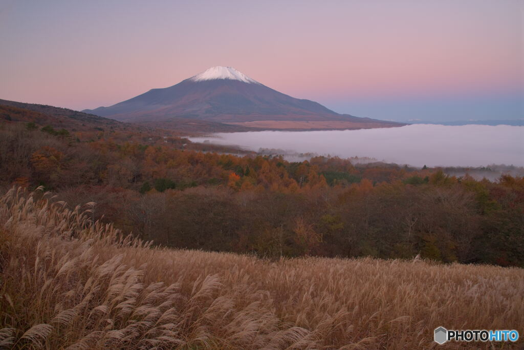 霧の山中湖と秋の富士