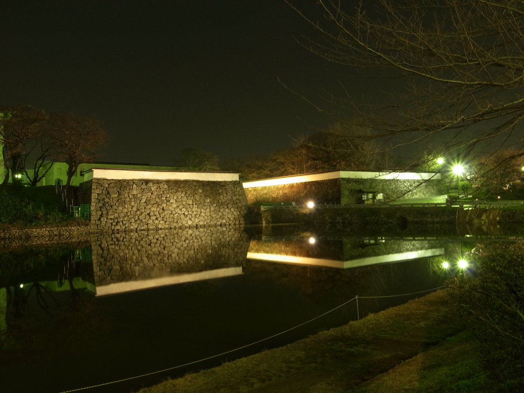 お堀と城壁の夜景