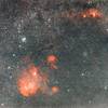 走るにわとり星雲と自由の女神星雲（NGC3576）、NGC3603、真珠星団（N