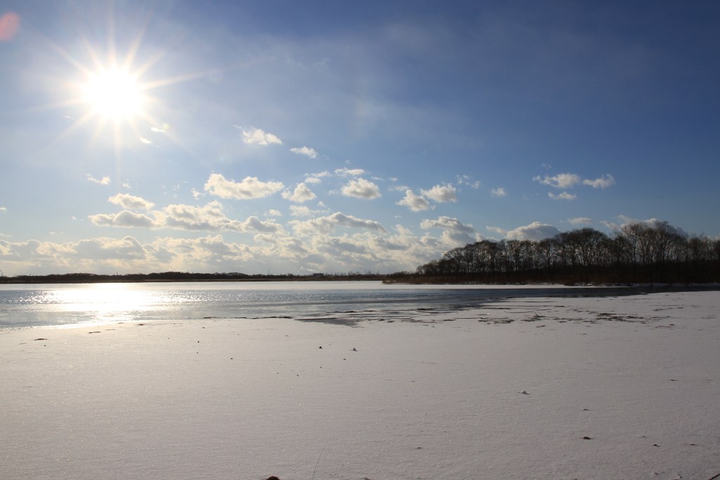 氷結したウトナイ湖