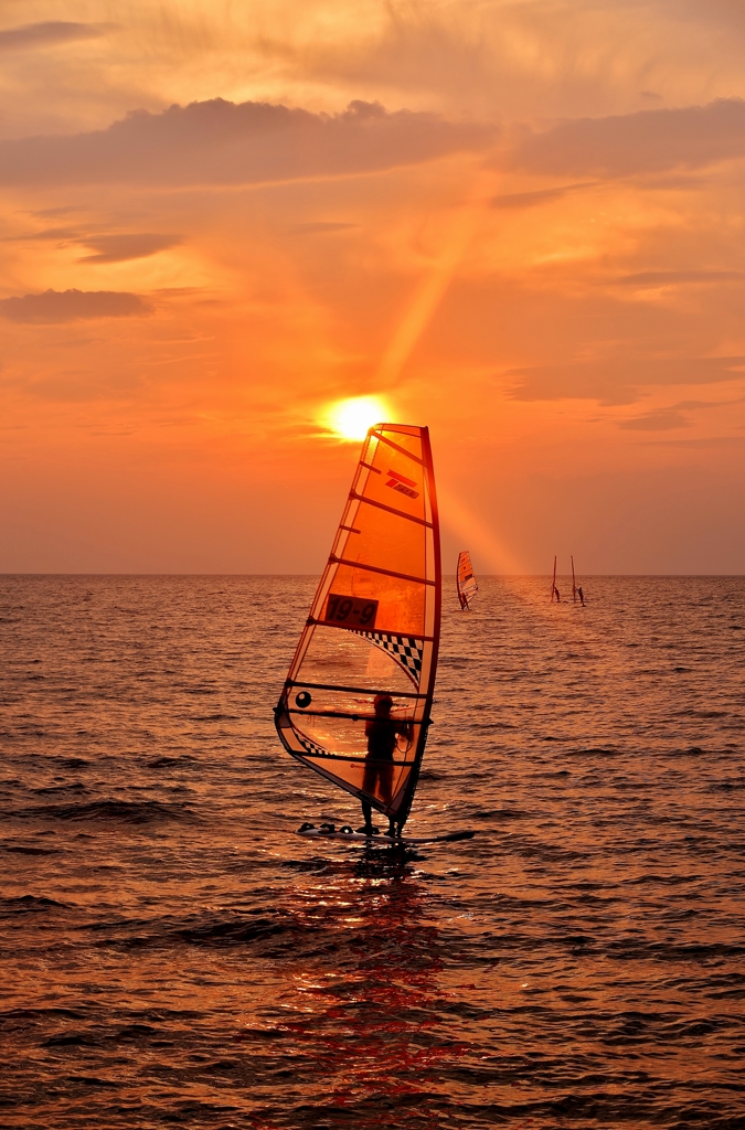 Sunset of windsurfing