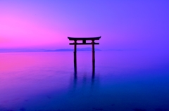 夜明けの湖中鳥居