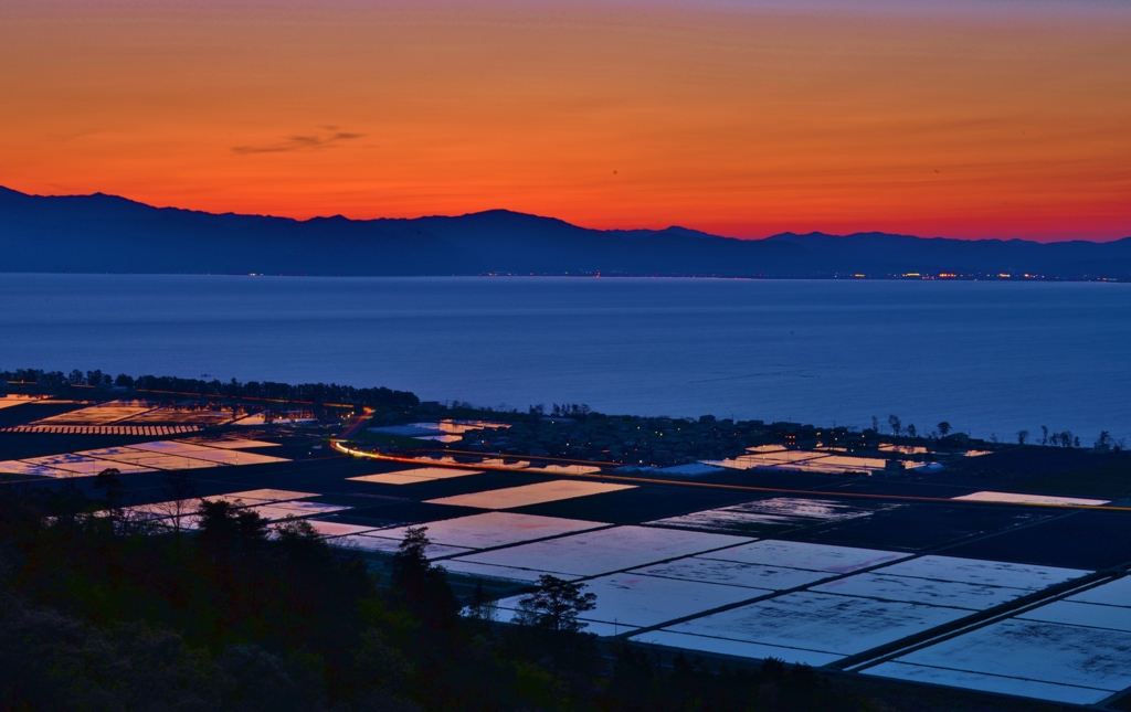 湖辺の夕焼け水田