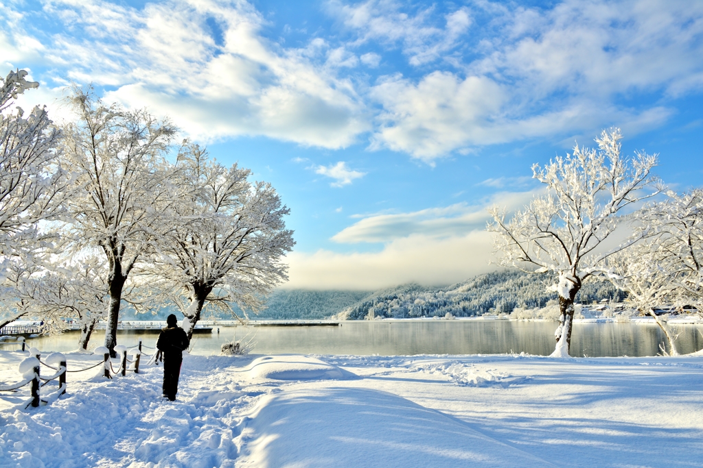 雪の余呉湖