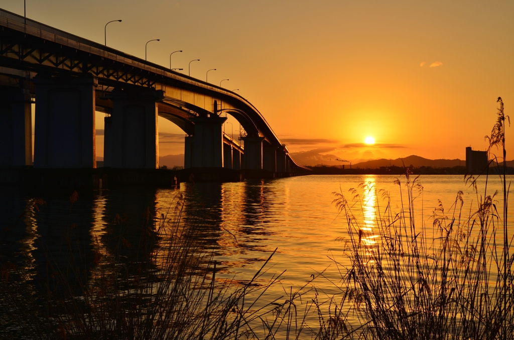 琵琶湖大橋の朝日