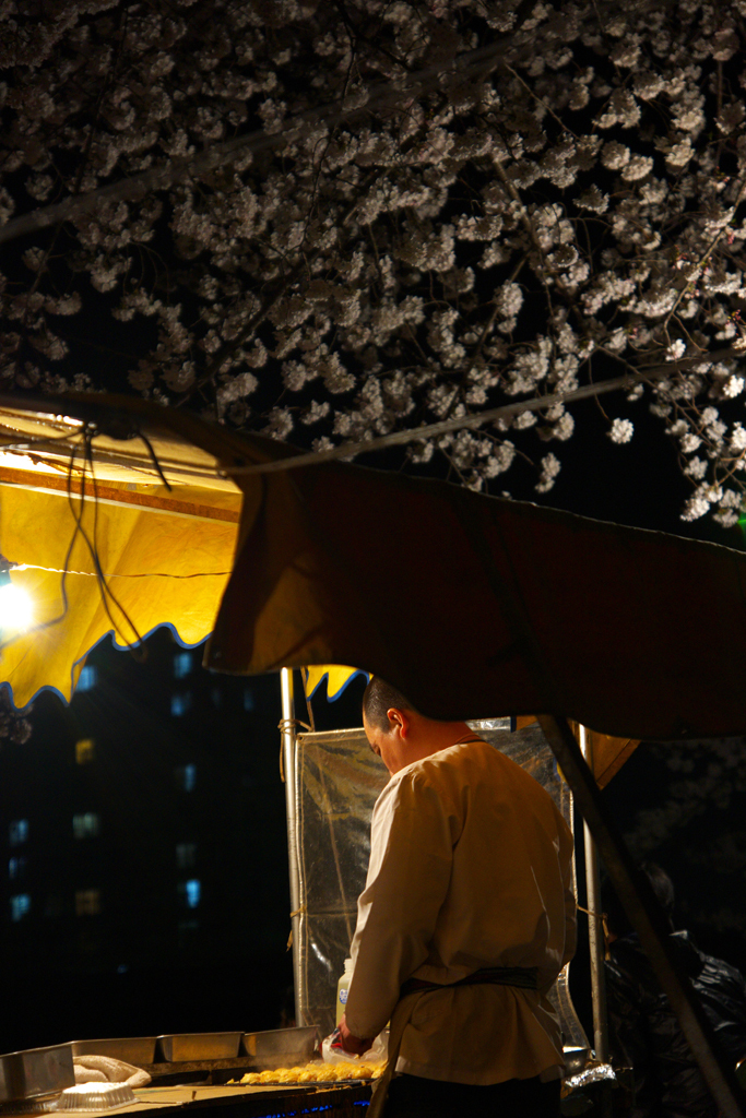 出店職人の上に夜桜
