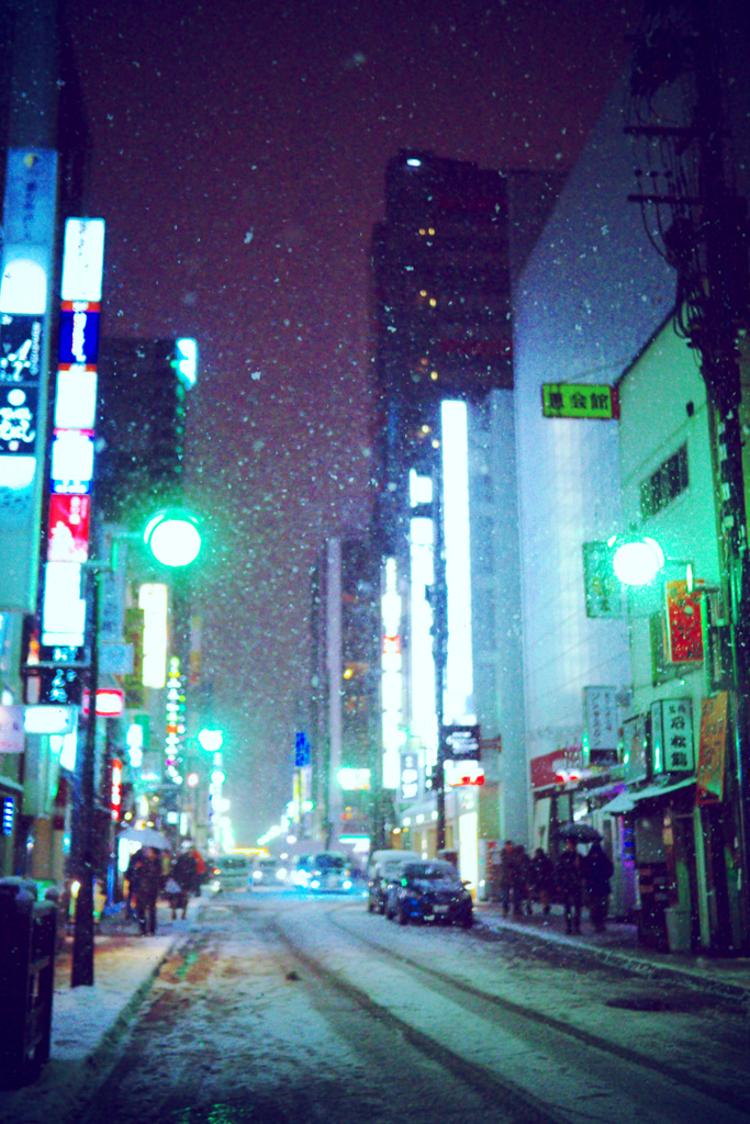 夜の街に降る雪