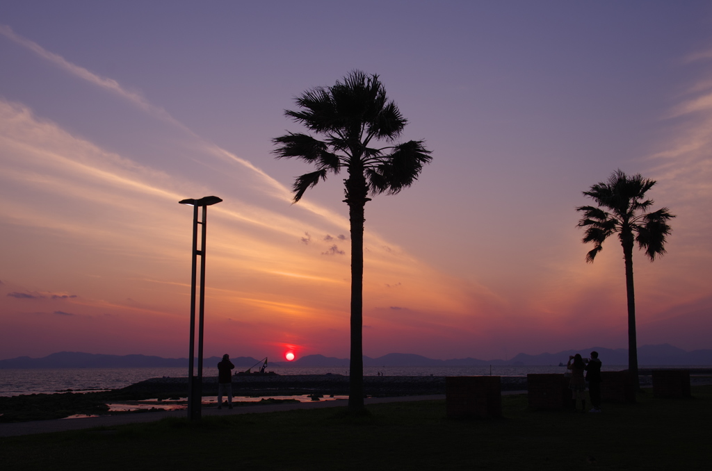 夕日を見つめる人