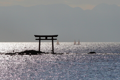 森戸神社から（鳥居とヨット）