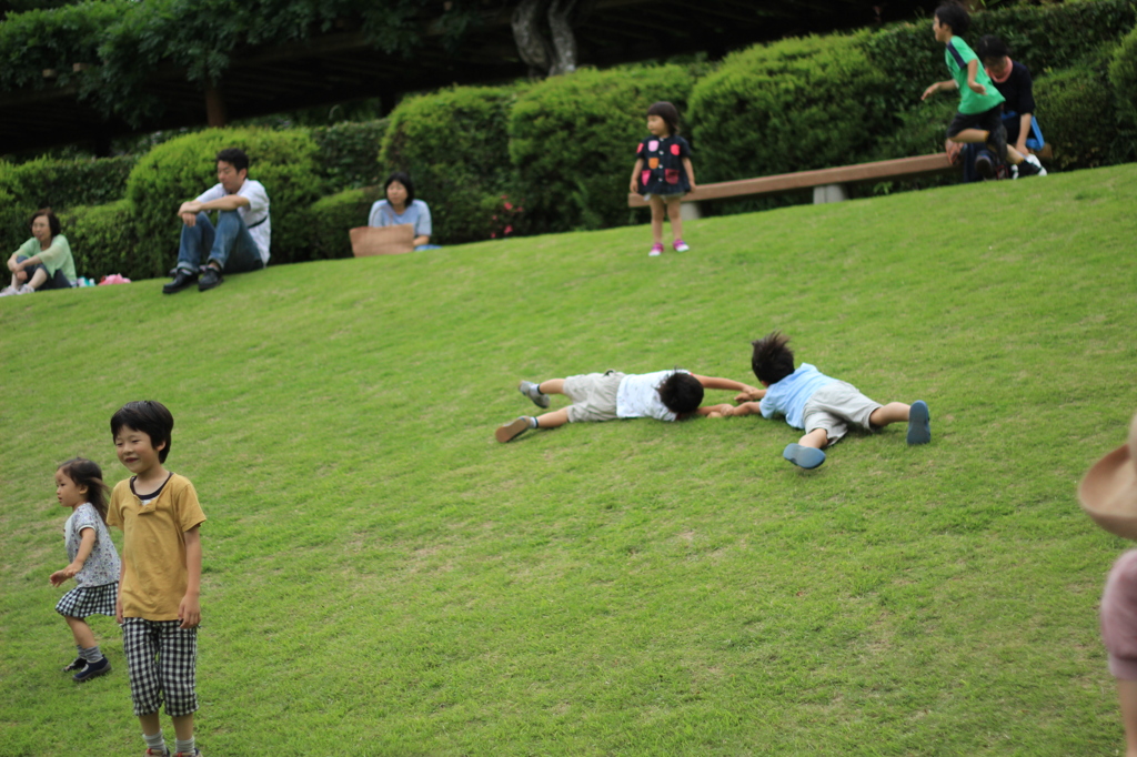 手をつないで芝生をごろごろ