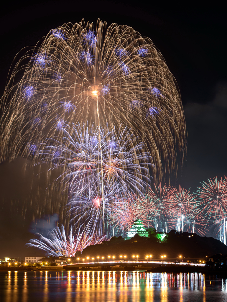 夏の夜空に輝く花火と唐津城