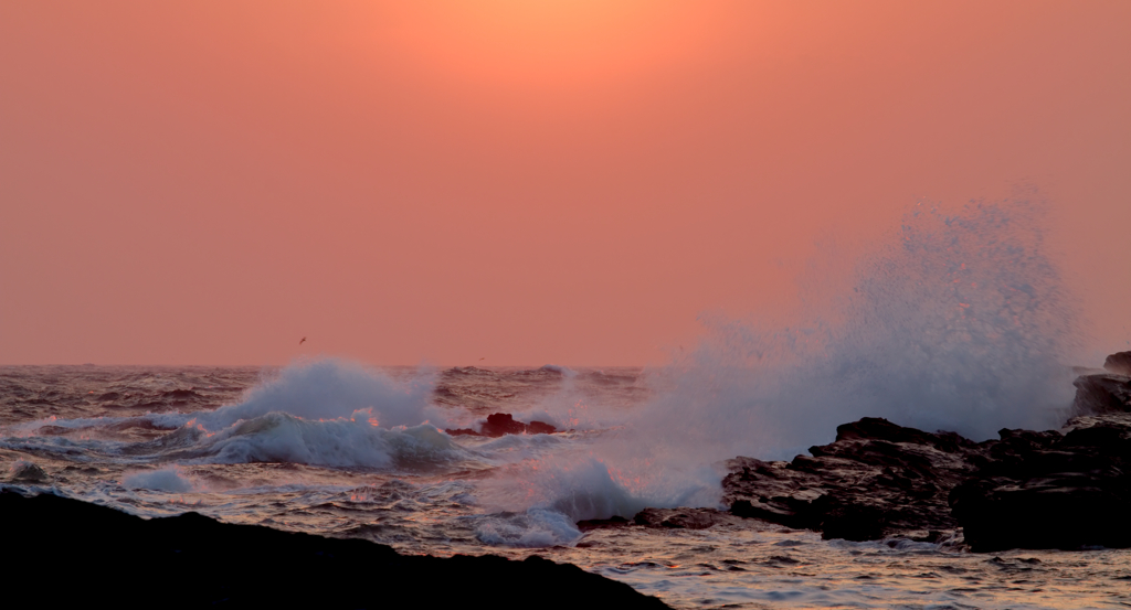 迫る城ヶ島の夕波