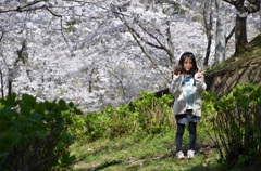 桜と松ぼっくりと女の子