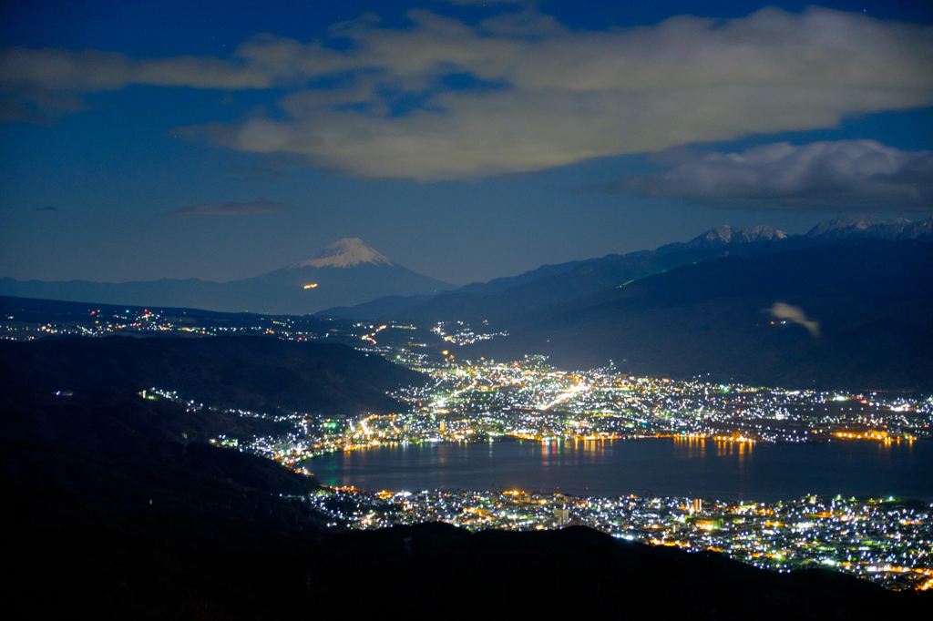 諏訪夜景と富士山