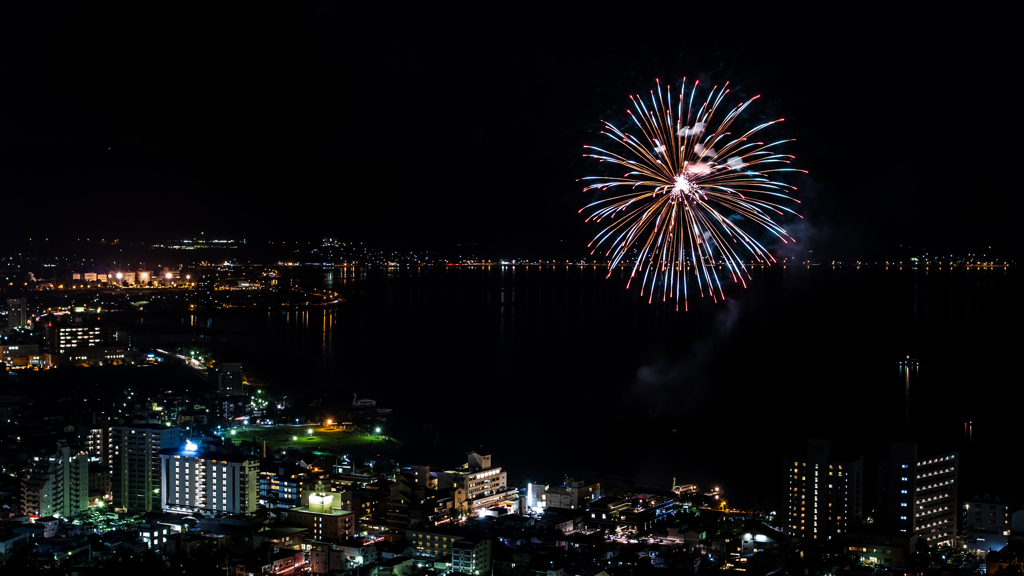 諏訪湖の夜景と花火