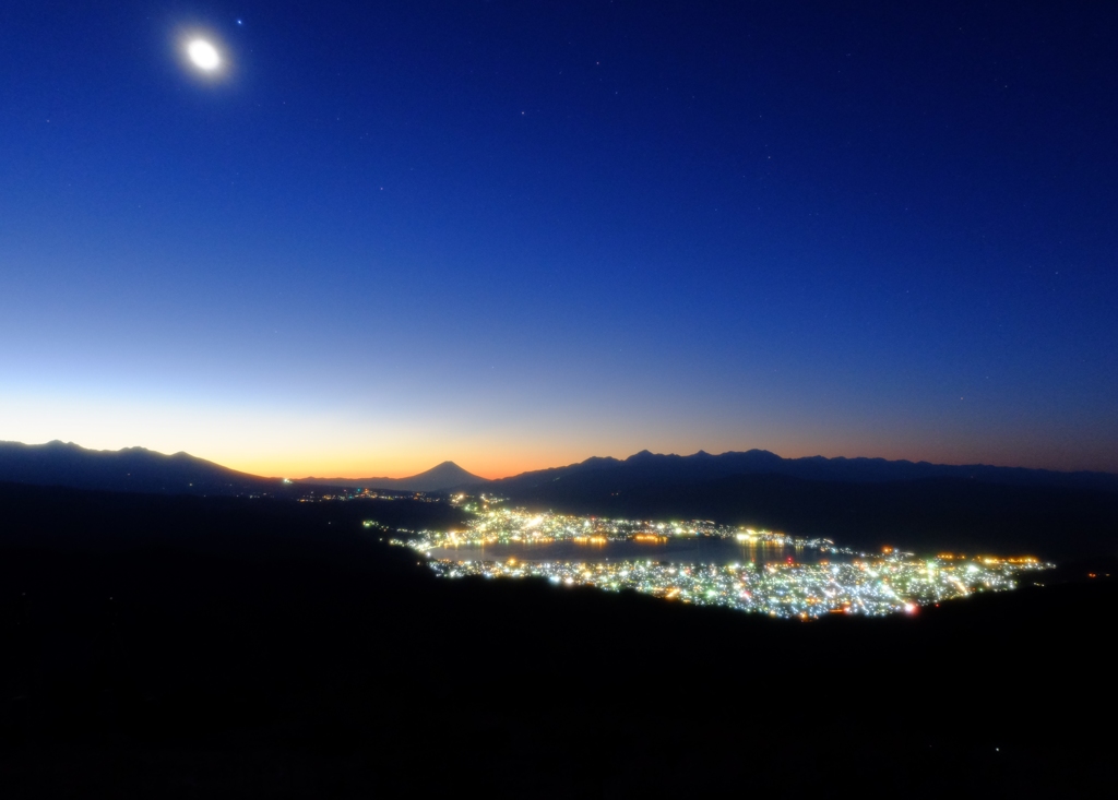 富士山と諏訪湖夜景をソフトに
