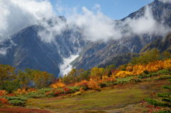 白馬雪渓と紅葉