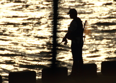 夕日の中の釣り師