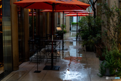 Cafe terrace wet in the rain♪