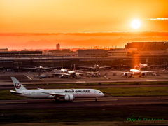 夕日と空港風景..