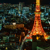 夜の東京タワーとビル群..