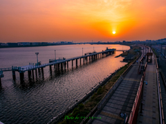 夕暮れの多摩川風景..